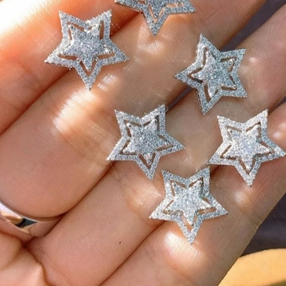 Diamond Star Burst Silver Stud Earrings - Picture 6 of 12